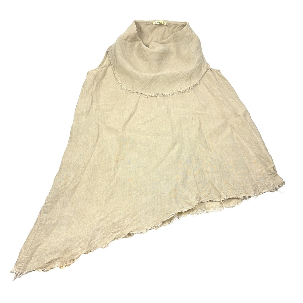Camille‎ + Co Linen Cowl Neck Tunic Top Womens Sz L Beige Lagenlook Asymmetrical